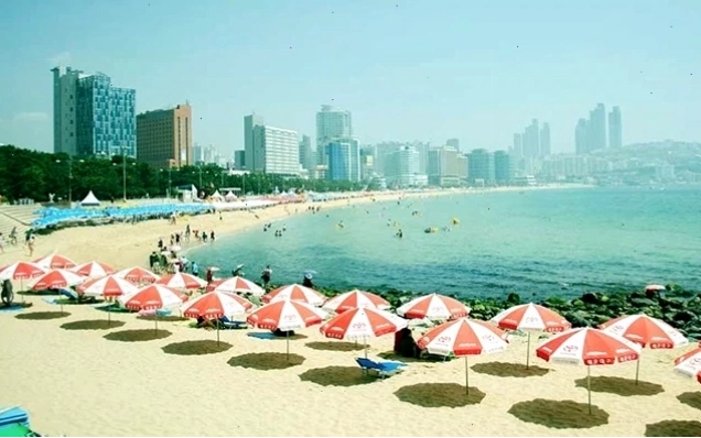 Bãi biển Haeundae với cát trắng và nước biển xanh
