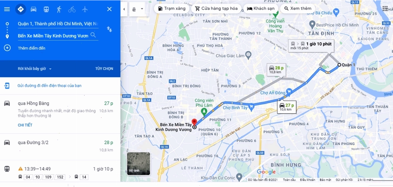 Bản đồ chỉ đường đến Bến xe Miền Tây
