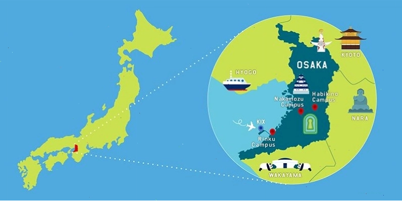 Bản đồ chi tiết tỉnh Osaka và các khu vực lân cận