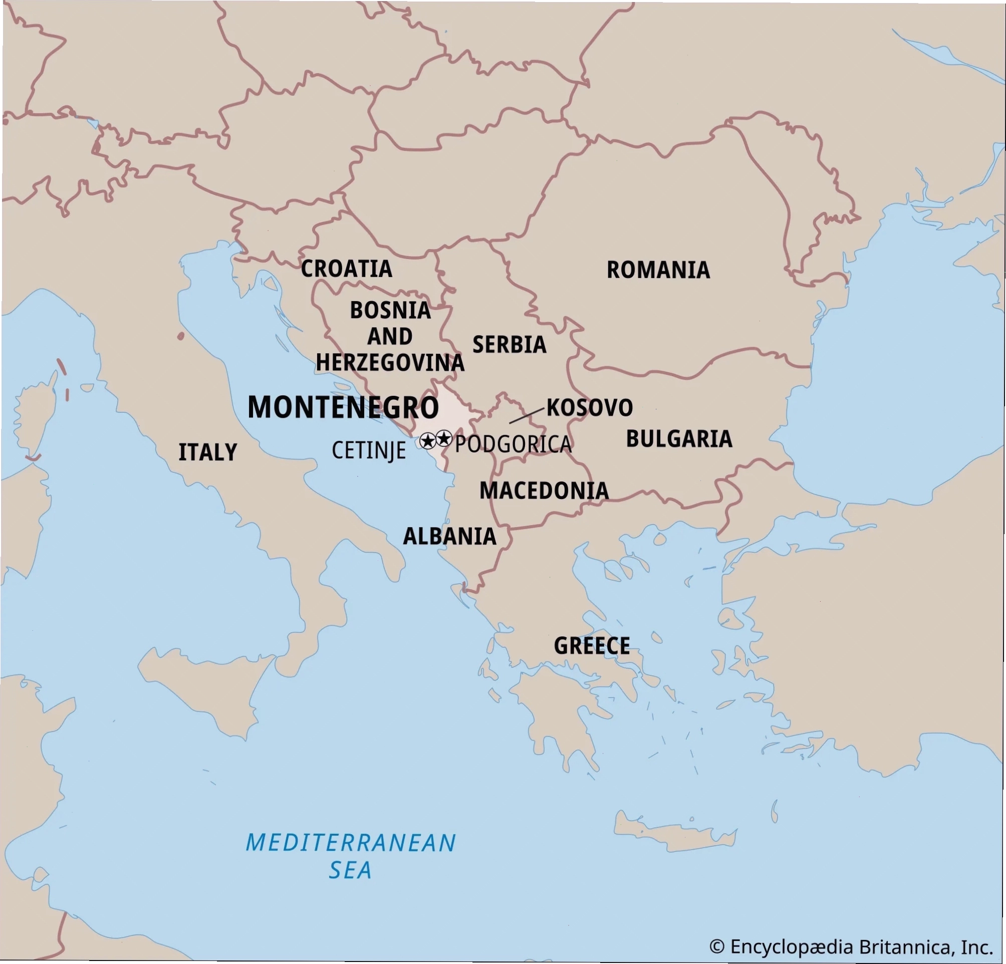 Bản đồ Đông Nam Âu làm nổi bật Montenegro