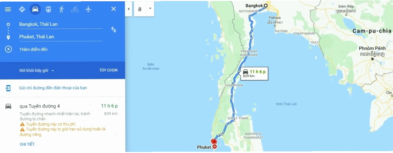 Bản đồ hành trình di chuyển từ Bangkok đến Phuket