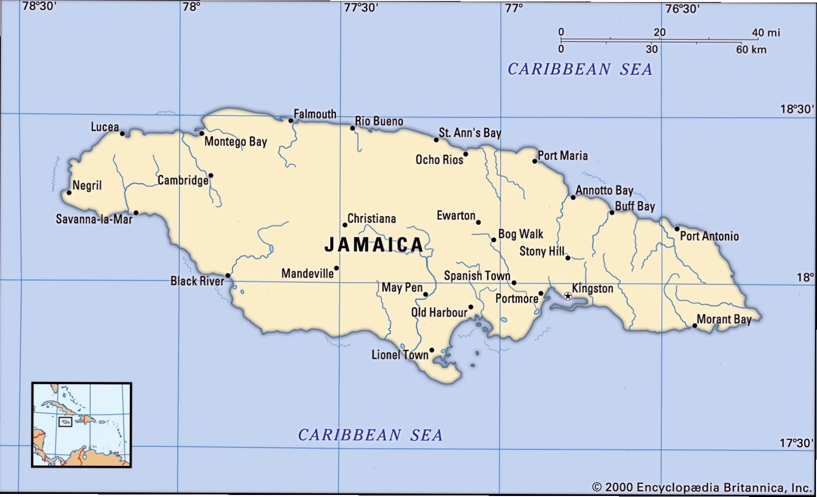 Bản đồ Jamaica thể hiện vị trí trong khu vực Caribe