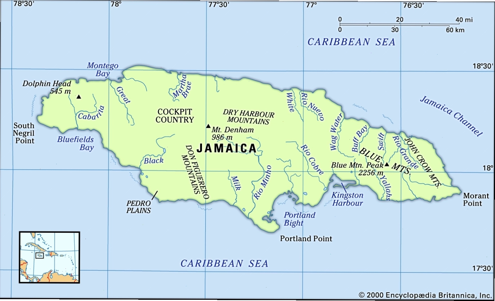 Bản đồ Jamaica với các dãy núi và sông ngòi