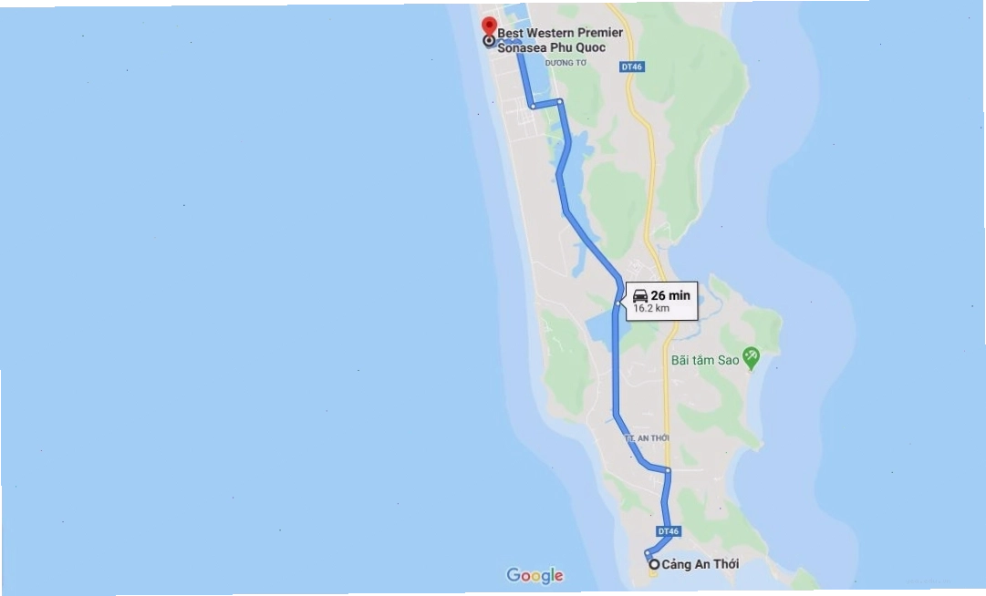 Bản đồ minh họa khoảng cách từ cảng An Thới đến Best Western Premier Sonasea Phú Quốc