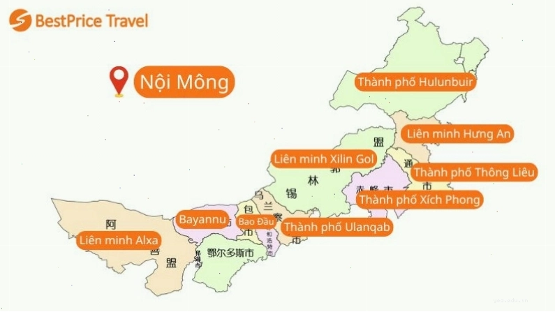 Bản đồ Nội Mông Trung Quốc minh họa vị trí địa lý và các khu vực du lịch chính