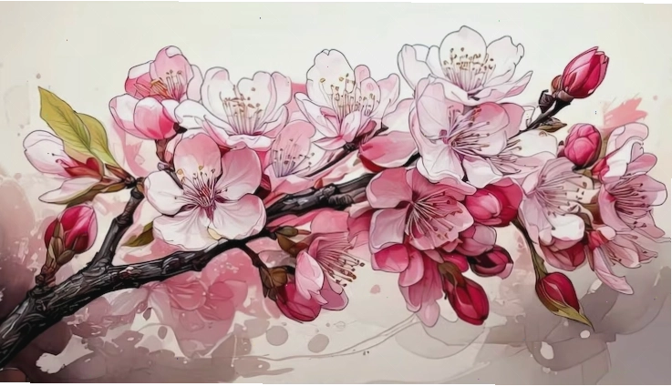 Bản vẽ đường nét cành hoa anh đào mùa xuân