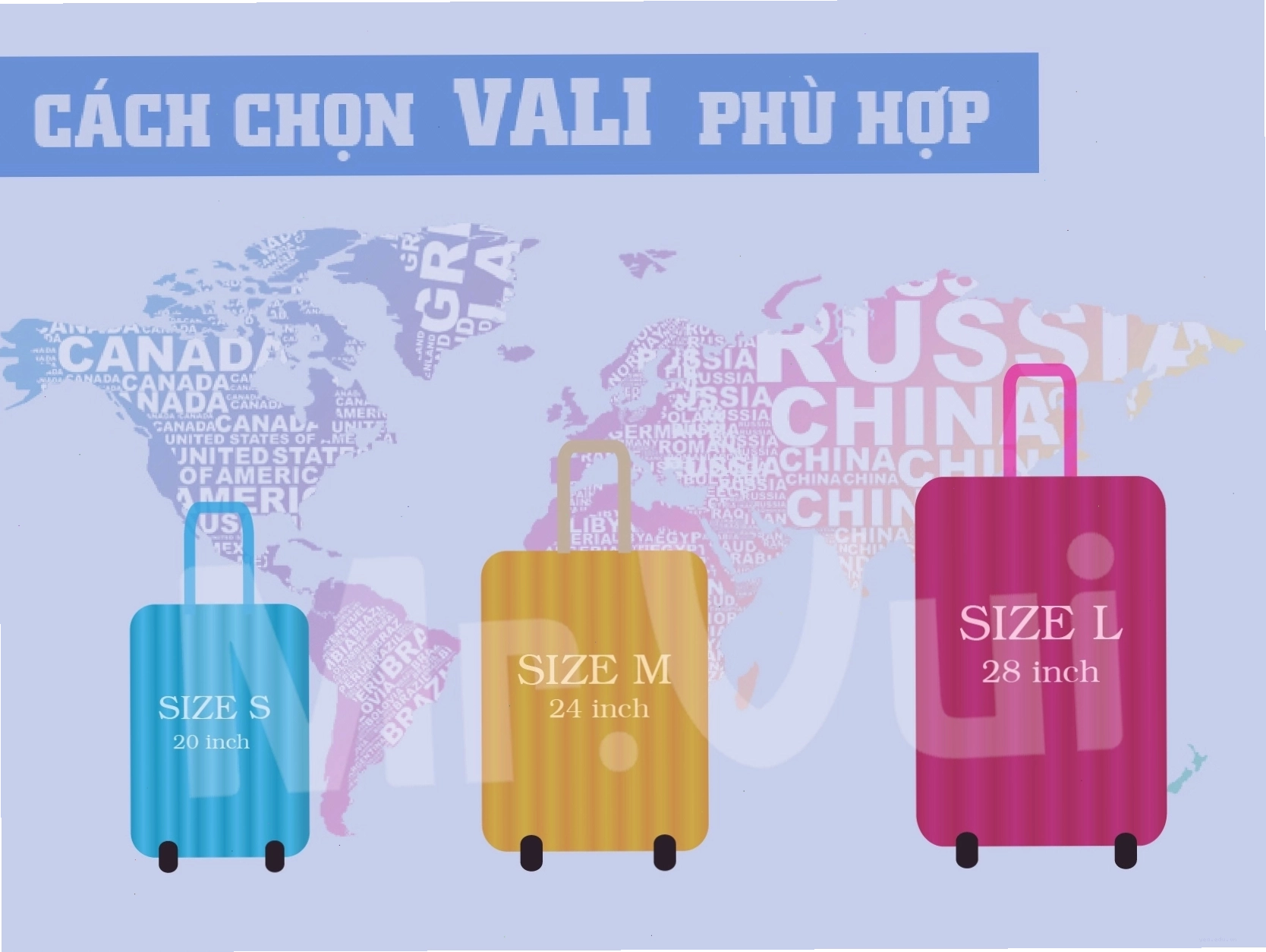 Bảng so sánh kích thước vali size 20, 24, 28 inch