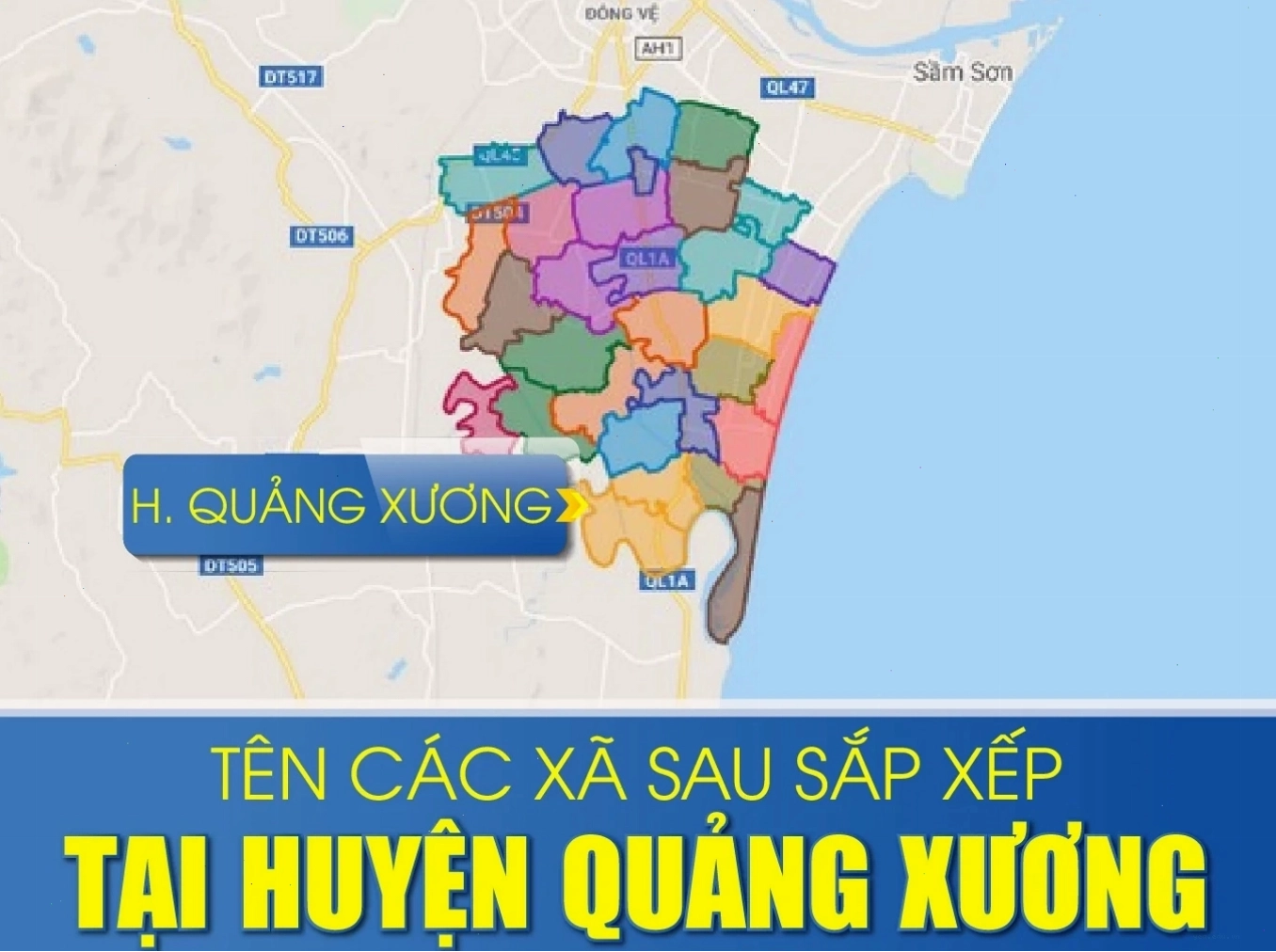Biểu đồ thể hiện sự sắp xếp các xã tại huyện Quảng Xương sau sáp nhập