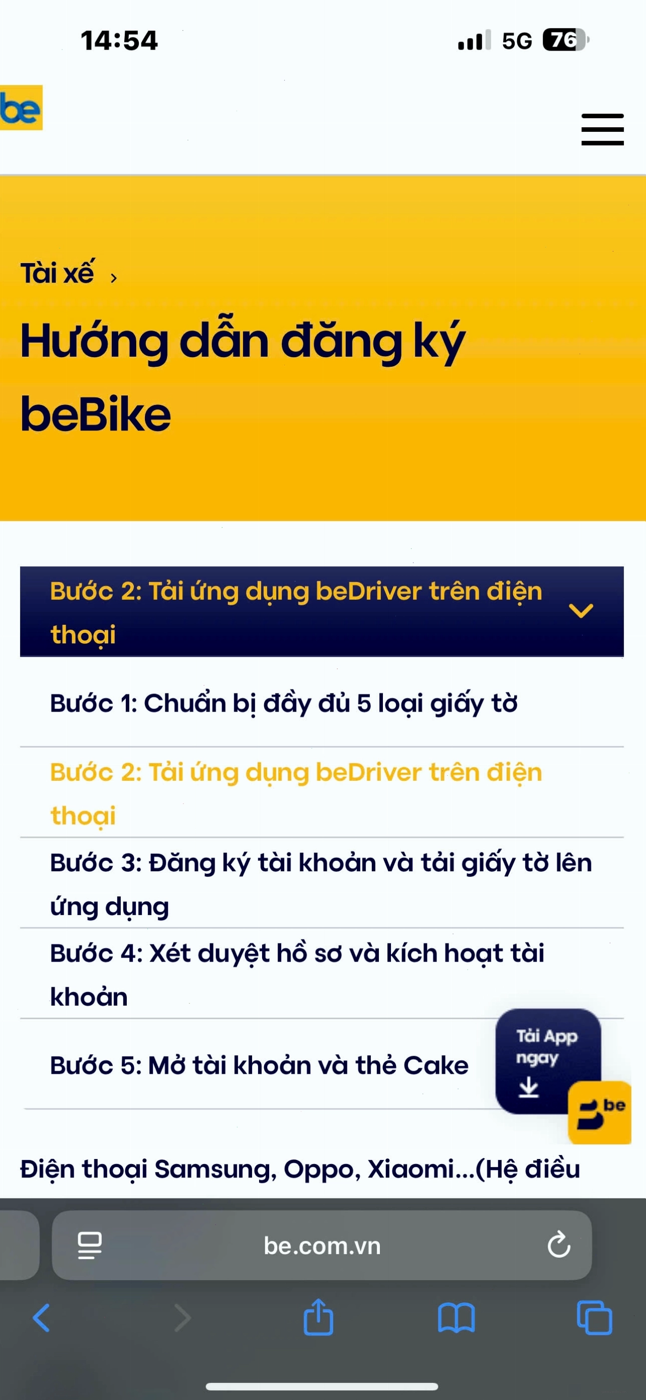 Các bước đăng ký tài xế Be online