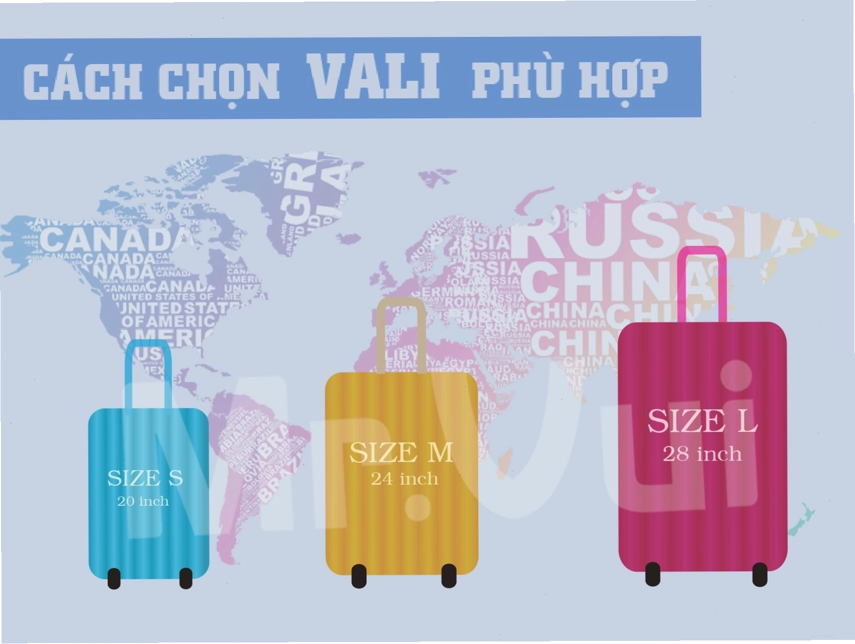 Các size vali phổ biến S, M, L