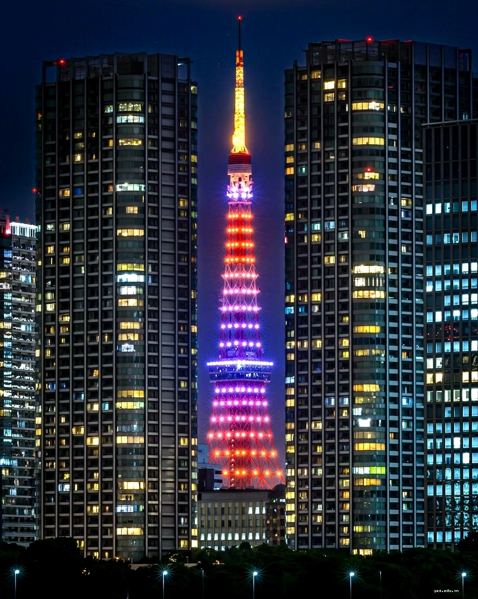 Cảnh đêm với các tòa nhà cao tầng và tháp Tokyo Tower được thắp sáng