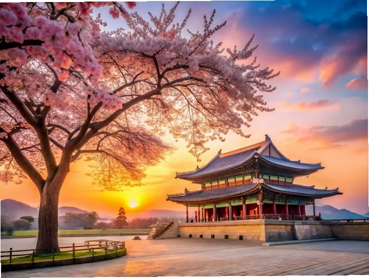 Cành hoa anh đào tuyệt đẹp và Cung điện Gyeongbokgung vào lúc bình minh