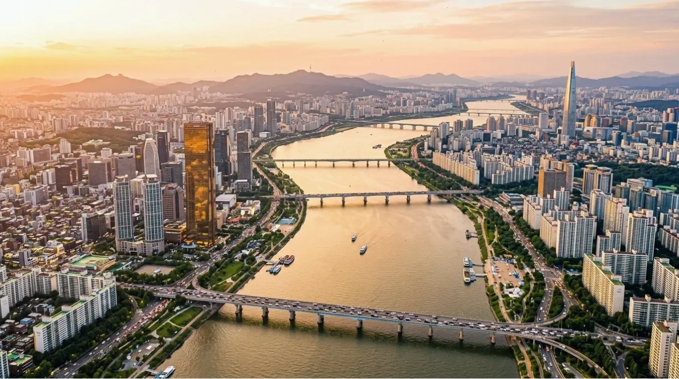 Cảnh quan bầu trời Seoul dọc Sông Hàn vào giờ vàng