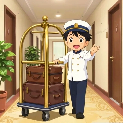 Chi tiết đồng phục của Bellhop bao gồm mũ và áo khoác