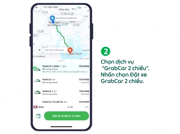 Chọn Đặt xe GrabCar 2 chiều