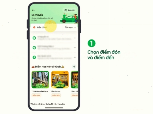 Chọn Điểm đón và Điểm đến trên ứng dụng Grab