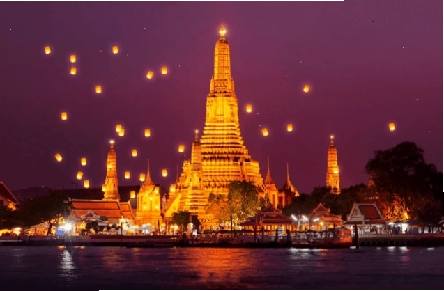 Chùa Bình Minh về đêm lung linh bên sông Chao Phraya