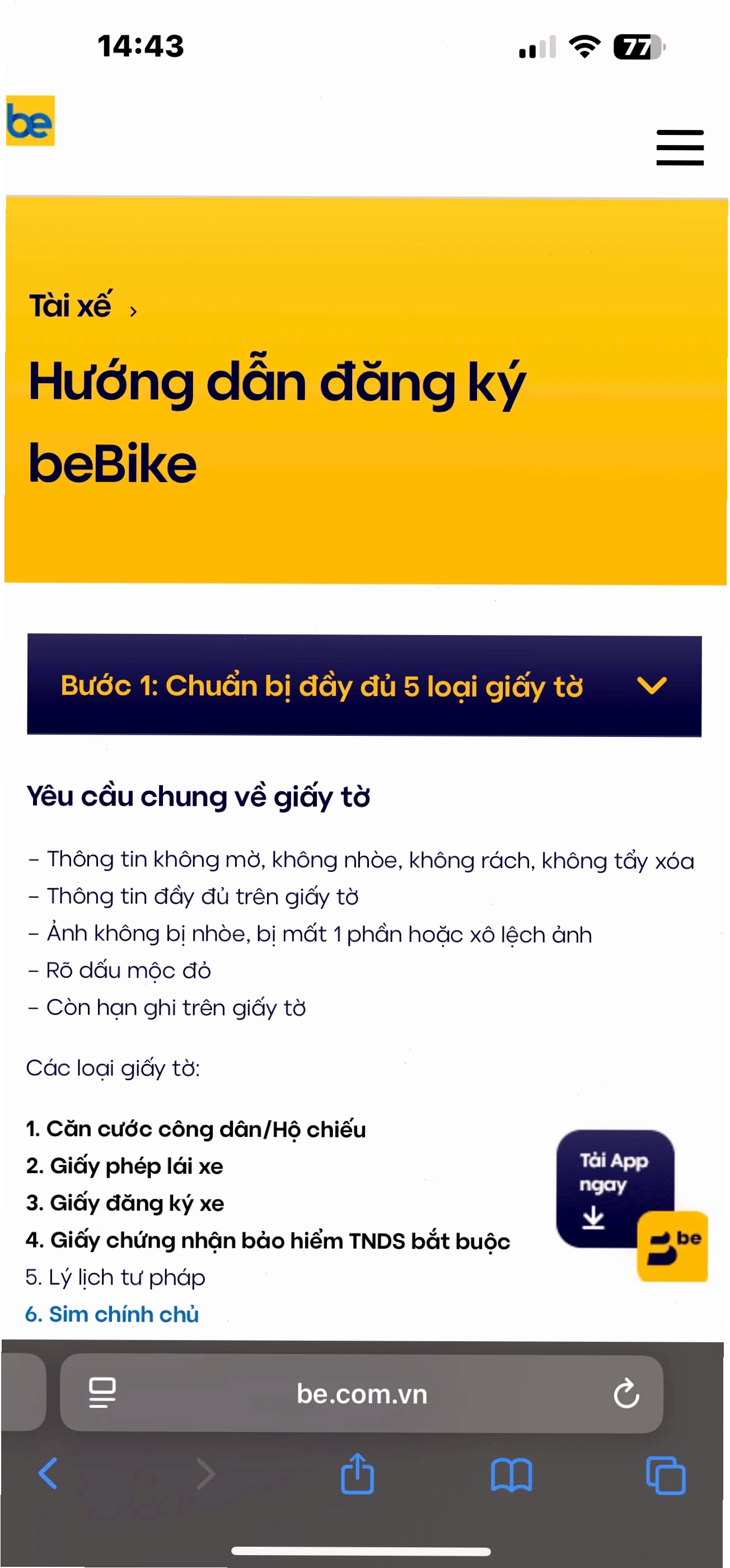 Chuẩn bị hồ sơ đăng ký tài xế be