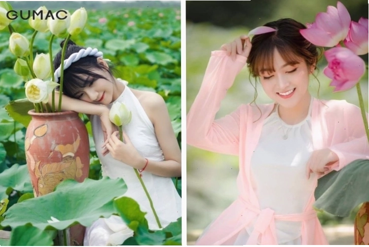 Cô gái diện áo yếm màu hồng tạo dáng bên đầm sen