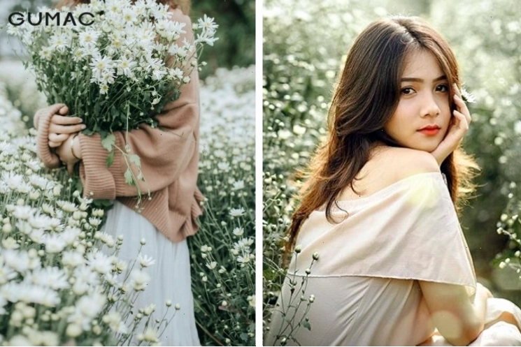 Cô gái diện trang phục màu be tạo dáng chụp ảnh cúc họa mi