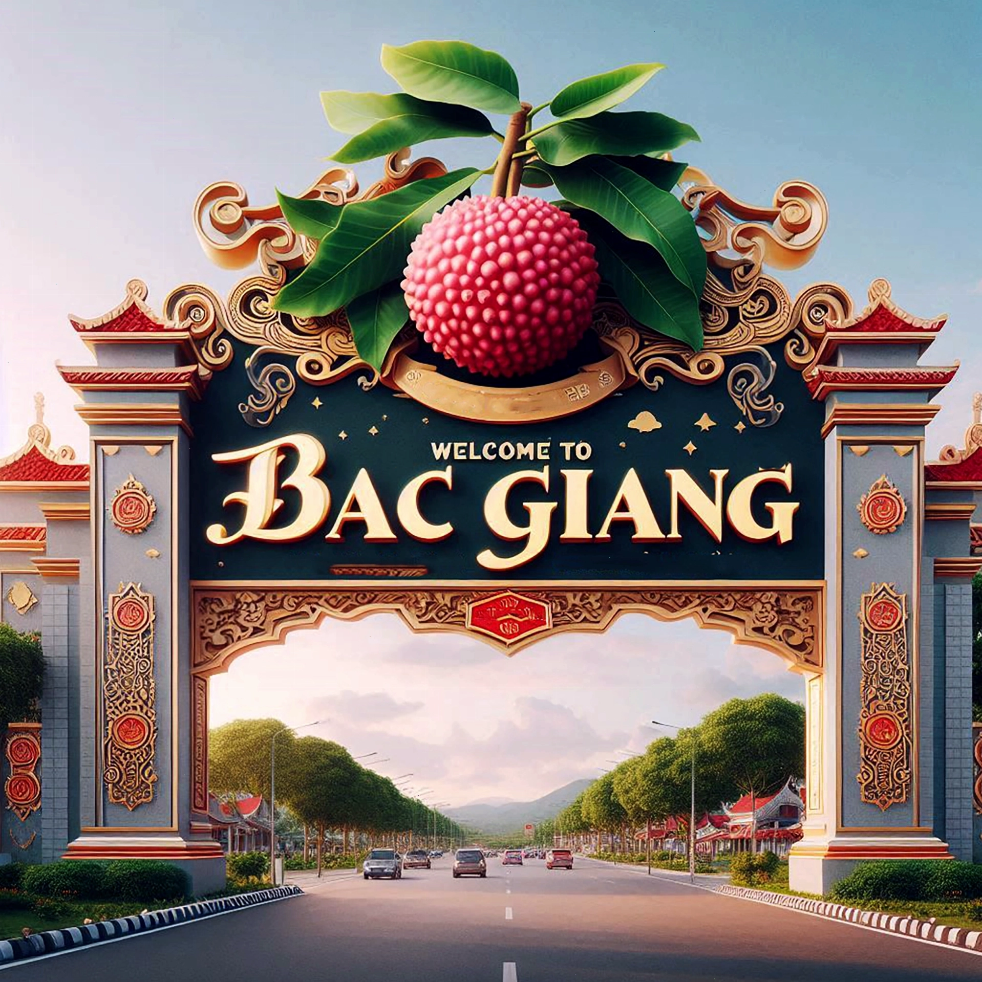 Cổng chào hiện đại với ánh đèn lung linh