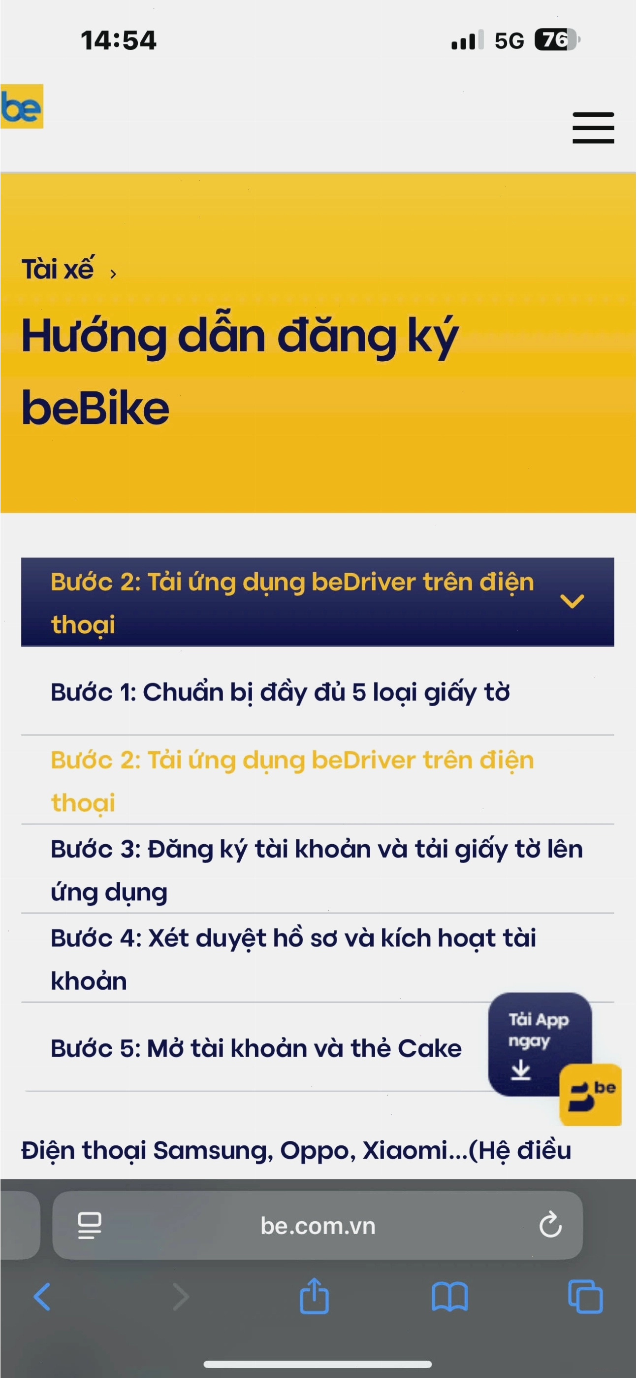Đăng ký tài xế bee online trên điện thoại thông minh