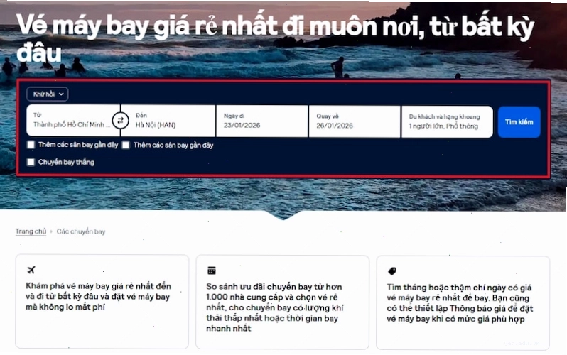 Danh sách chuyến bay hiển thị trên ứng dụng Skyscanner