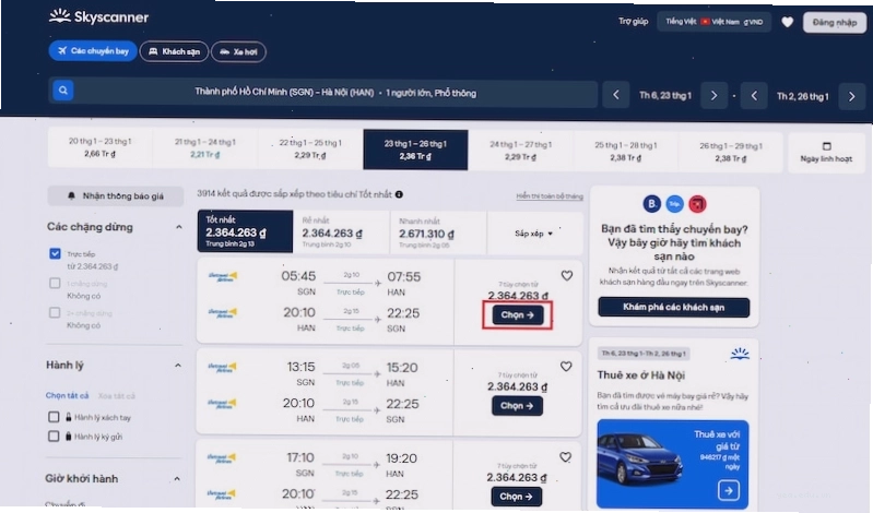 Điền thông tin tìm kiếm chuyến bay trên website Skyscanner