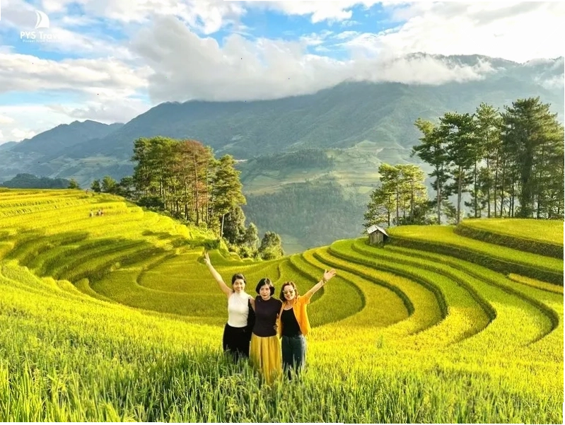 Đoàn du khách PYS Travel chụp ảnh kỷ niệm mùa vàng Mù Cang Chải