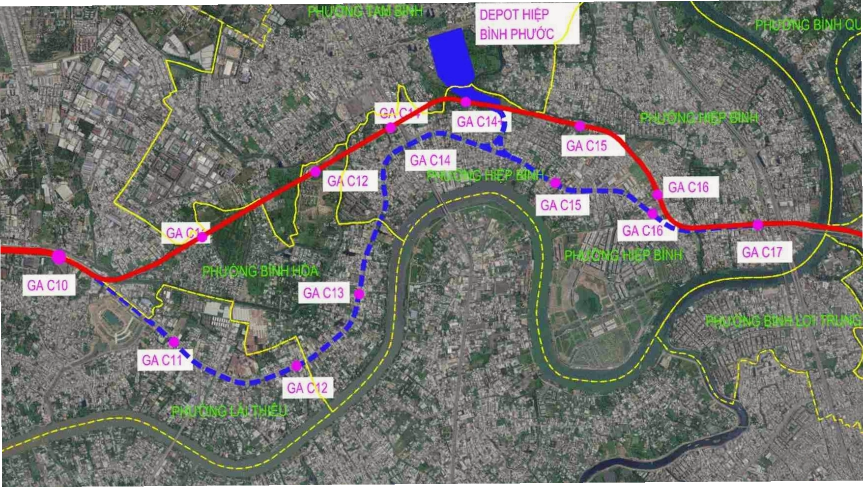 Đoạn Metro Bình Dương sẽ đi theo đường màu đỏ thay vì bám dọc Quốc lộ 13 (đường màu xanh)