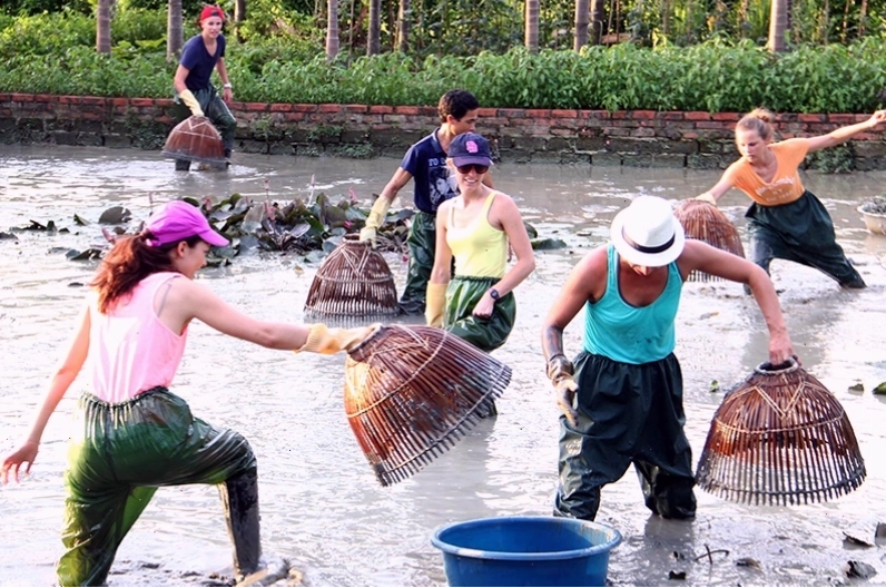 Du khách trải nghiệm làm nông nghiệp cùng người dân địa phương trong mô hình du lịch cộng đồng