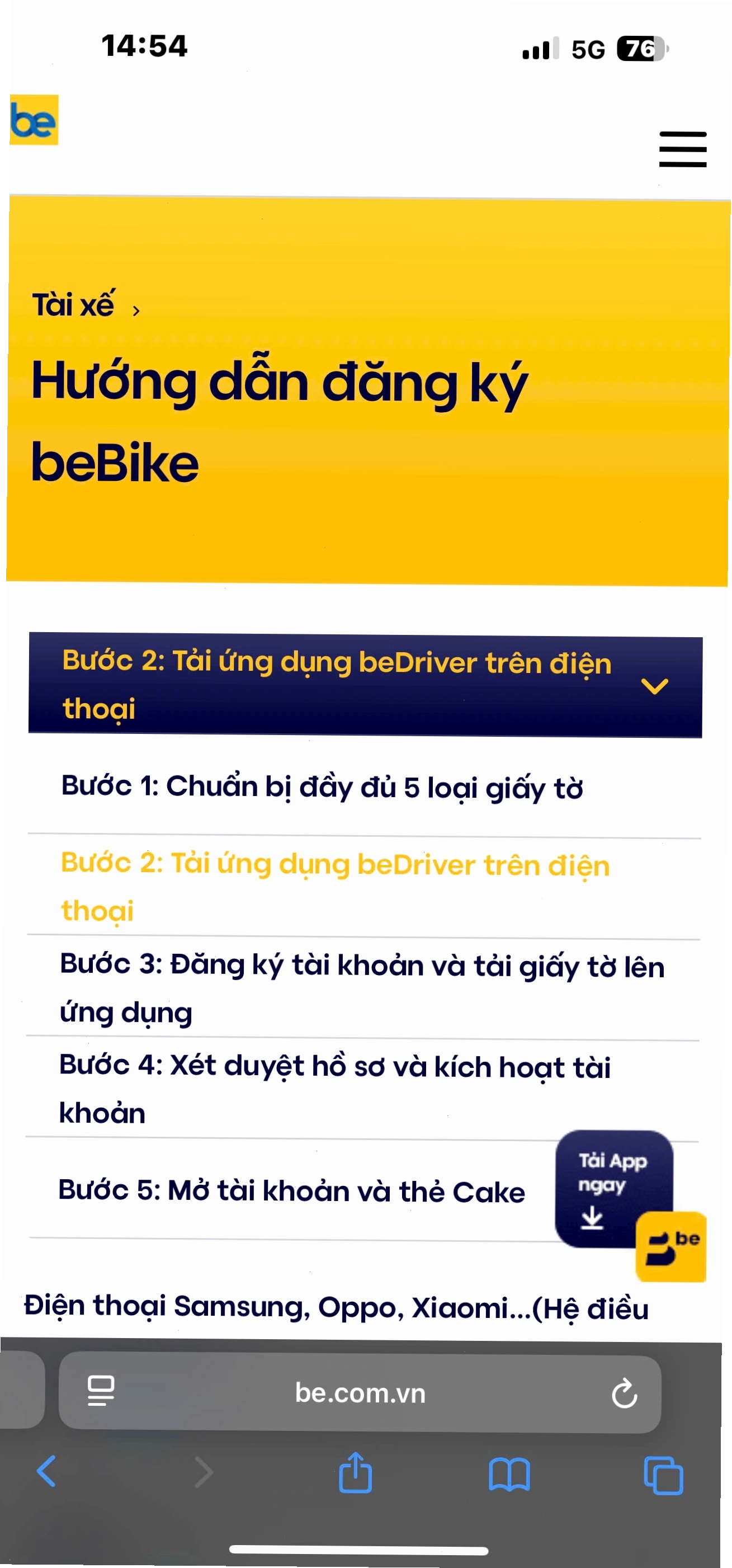 Form điền thông tin đăng ký tài xế be