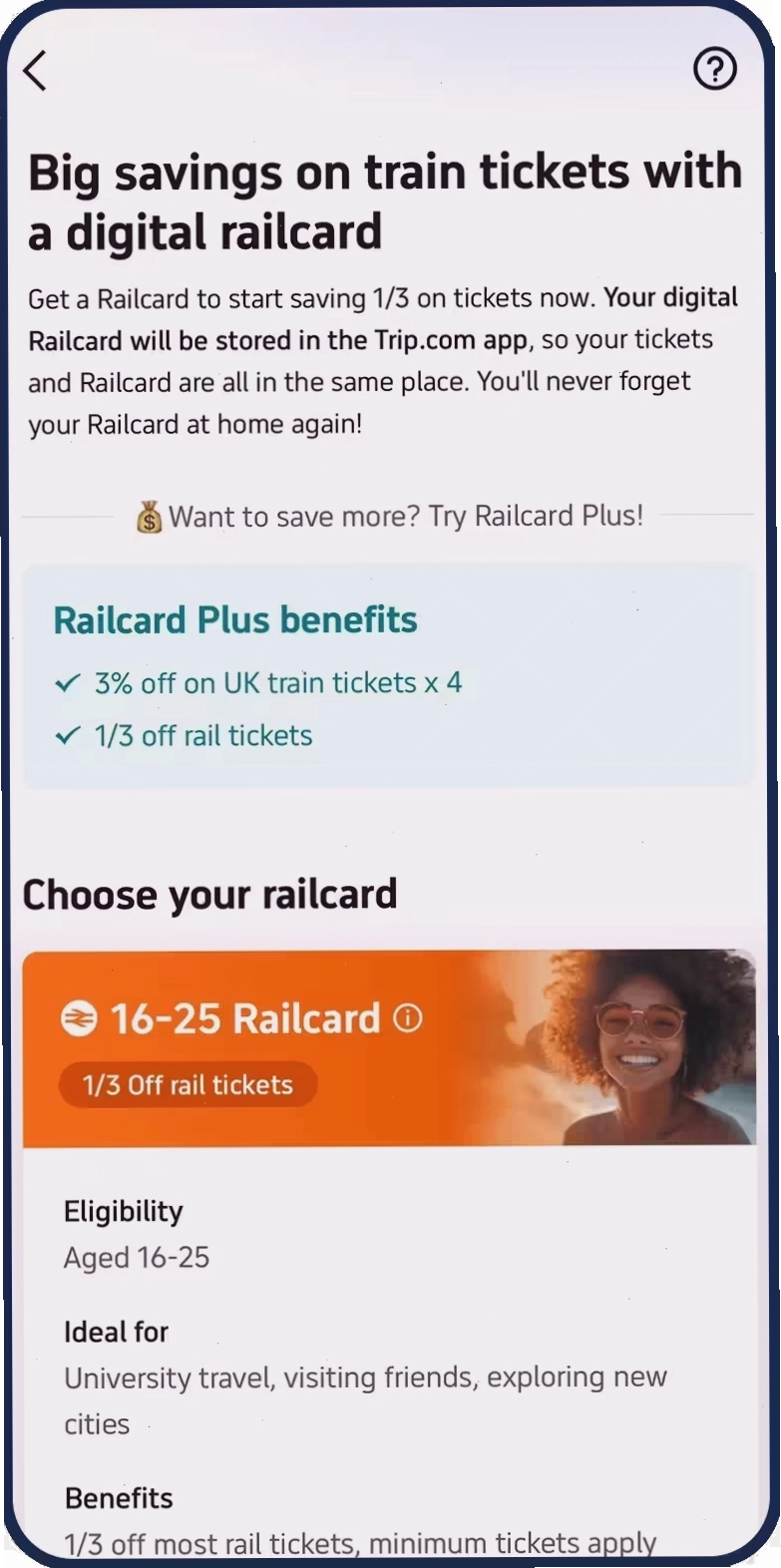 Giao diện chọn thẻ Railcard phù hợp với nhu cầu cá nhân
