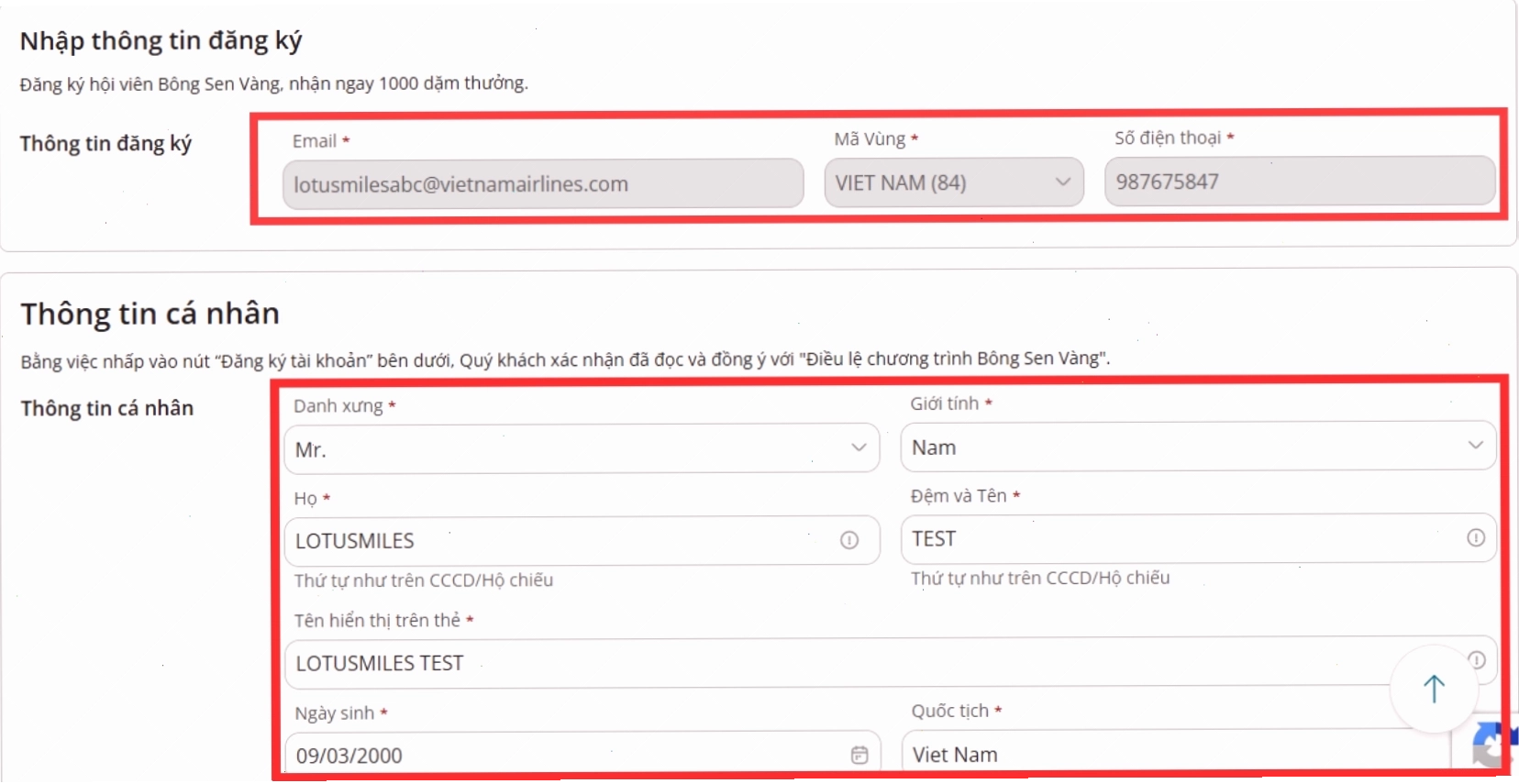 Giao diện đăng ký hội viên Bông Sen Vàng trên website Vietnam Airlines