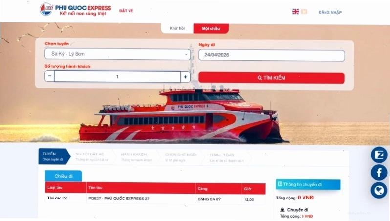 Giao diện đặt vé trực tuyến tàu cao tốc Phú Quốc Express đi Lý Sơn