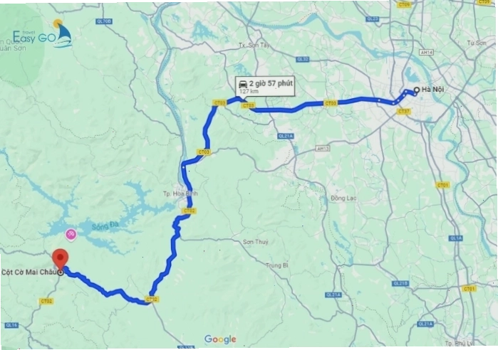 Giao diện Google Maps chỉ đường đến Cột Cờ Mai Châu