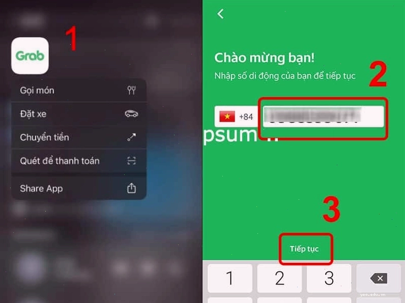 Giao diện nhập số điện thoại để đăng ký tài khoản Grab