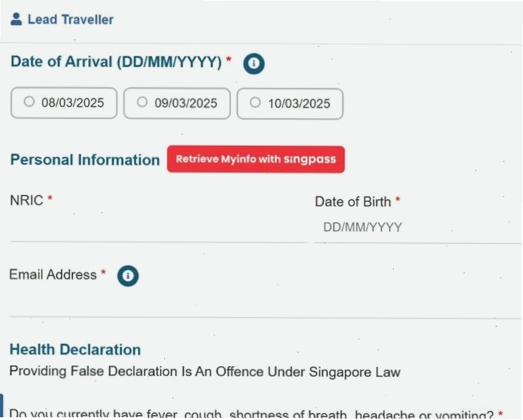 Giao diện nộp SG Arrival Card trực tuyến