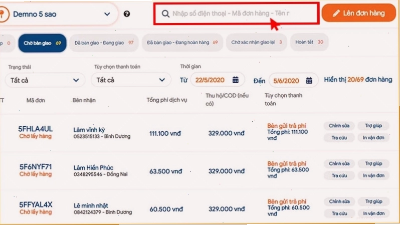 Giao diện tra cứu đơn hàng trên website GHN
