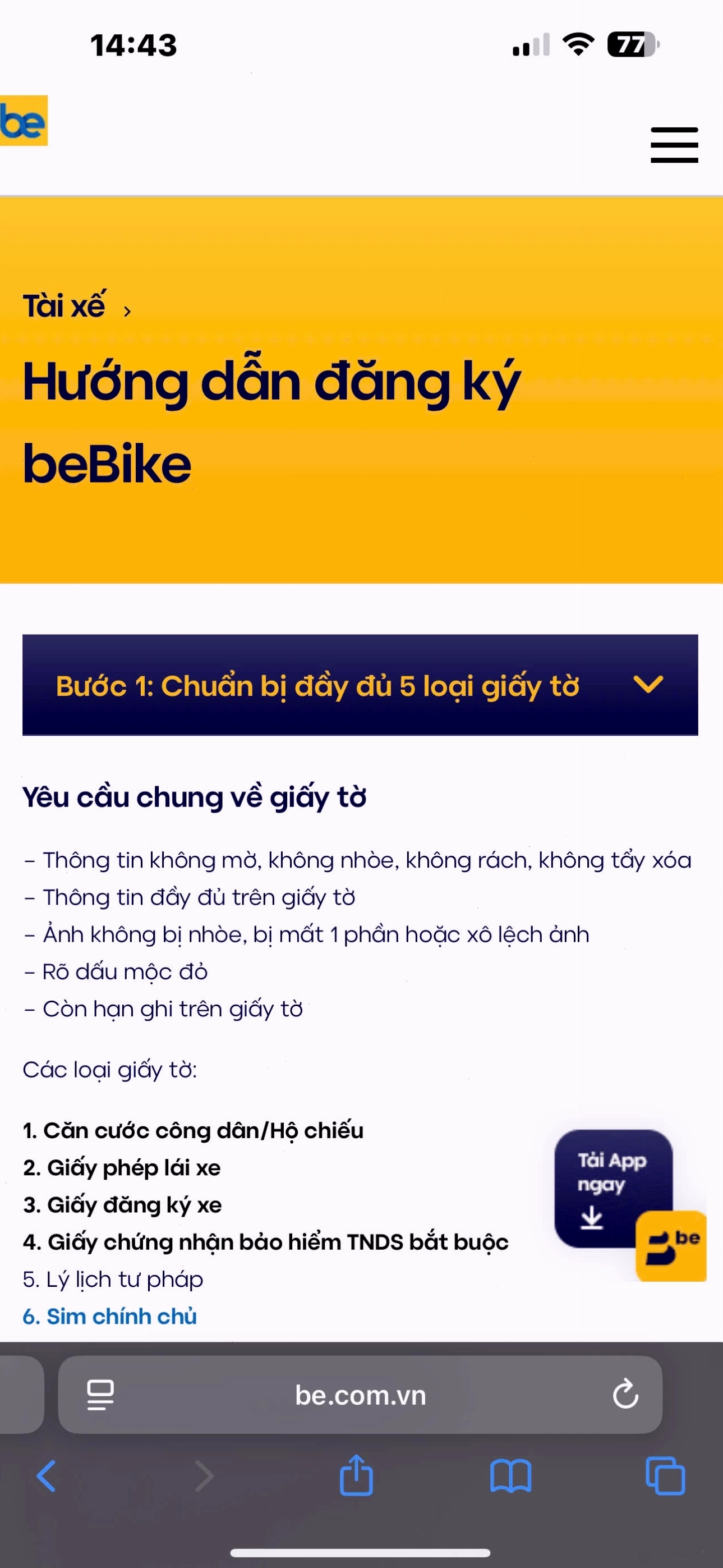 Giao diện ứng dụng beDriver trên điện thoại