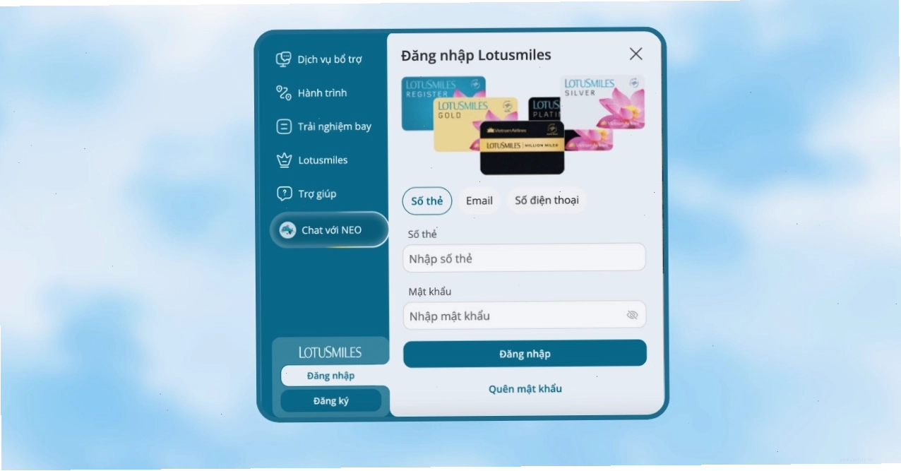 Giao diện ứng dụng Vietnam Airlines hiển thị mục đăng nhập