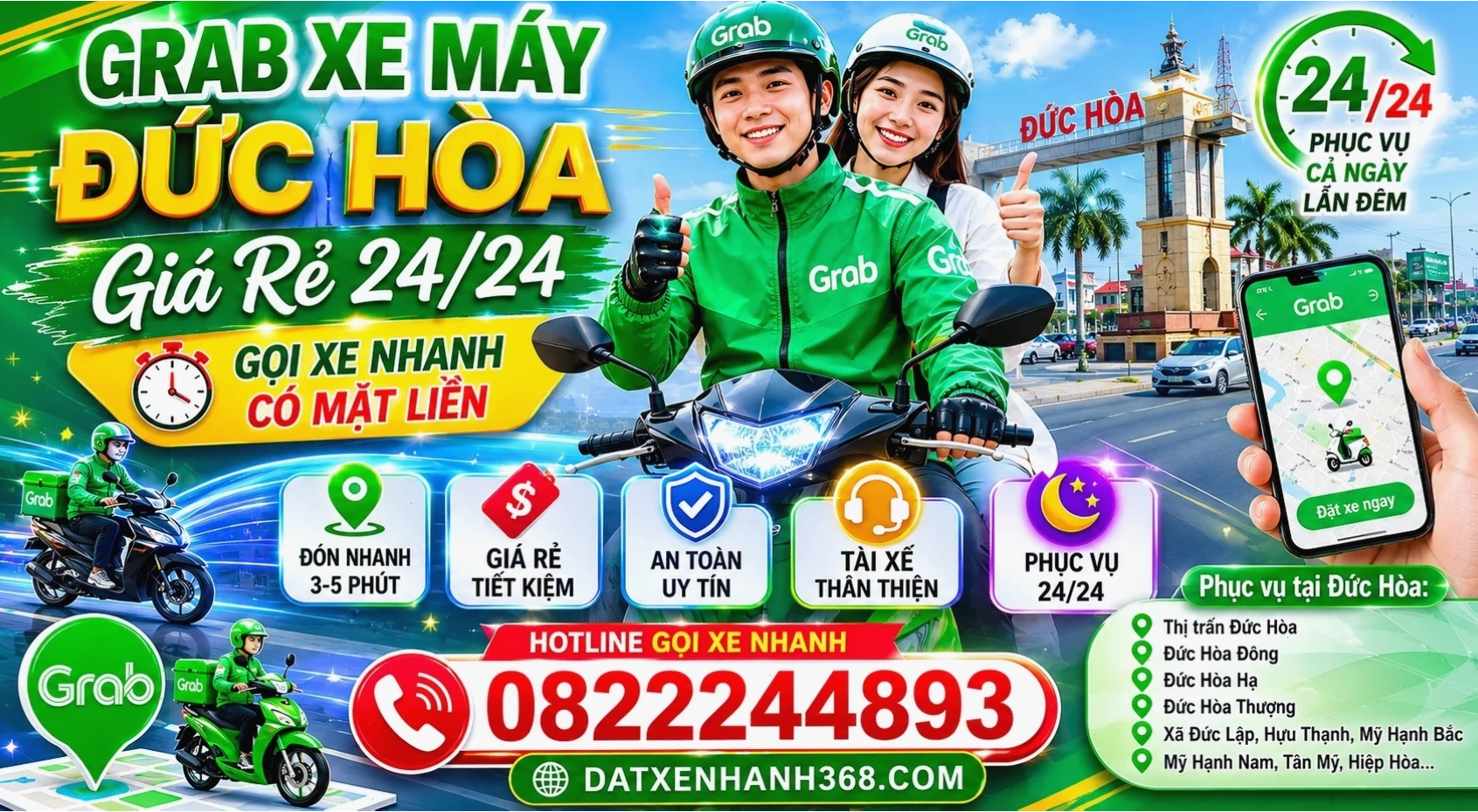Grab xe máy Đức Hòa giá rẻ 24/24 - gọi xe nhanh có mặt liền
