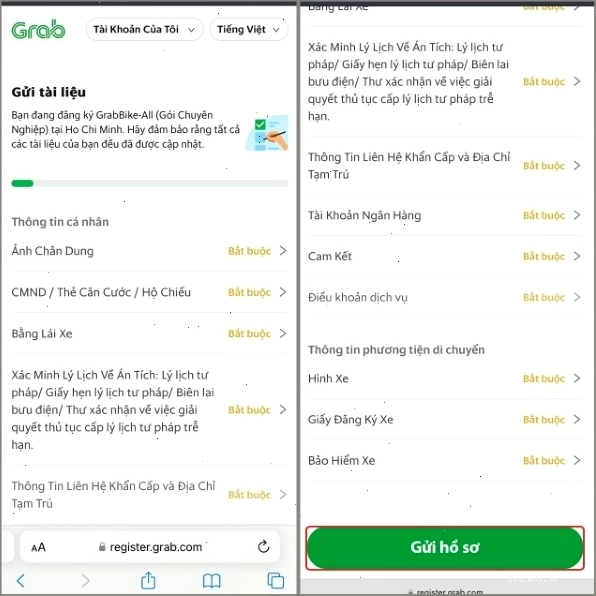 Gửi hồ sơ và đợi thông báo xác nhận từ Grab qua email/SMS