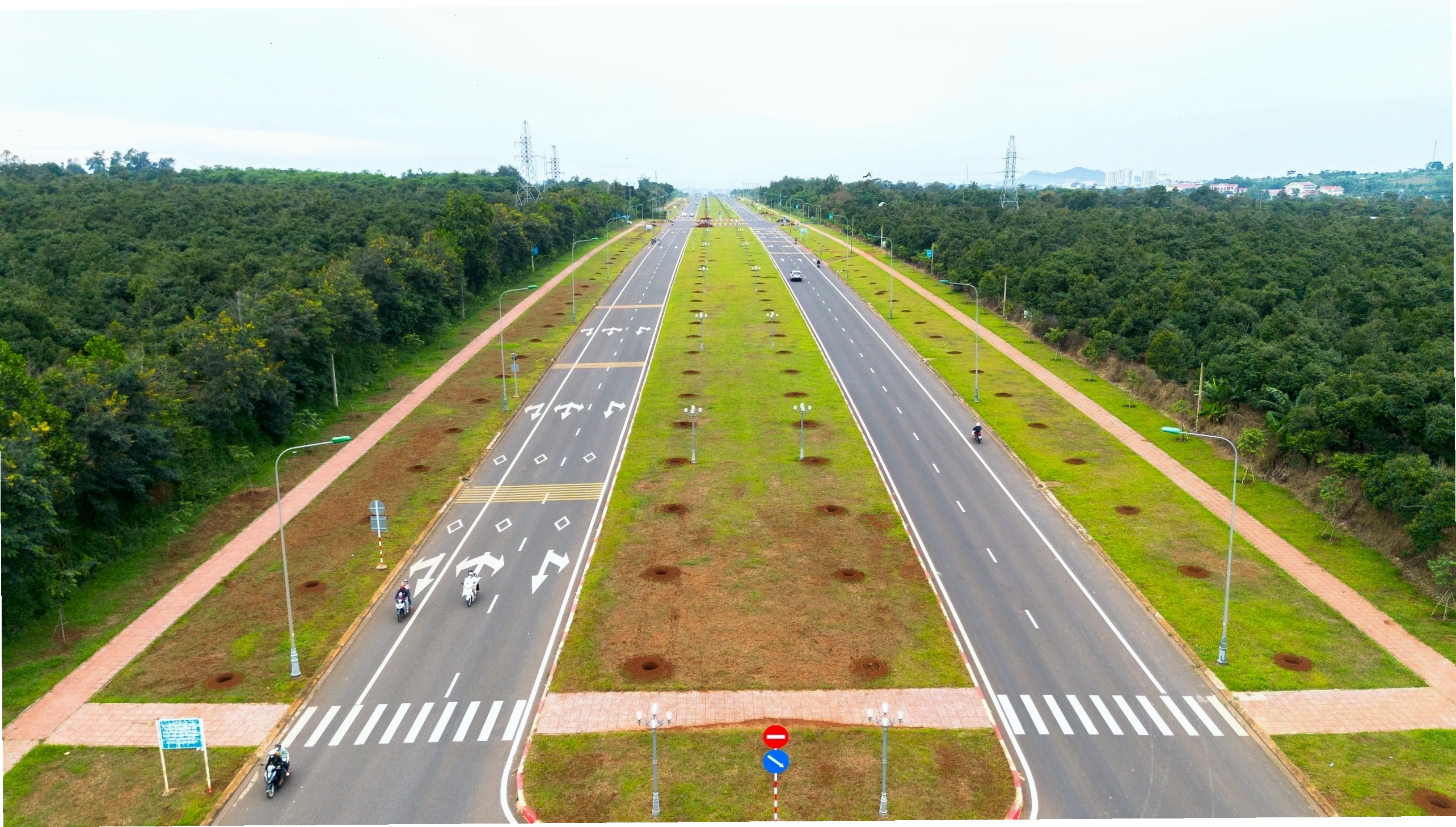 Hành lang cây xanh và thảm cỏ dọc hai bên Đại lộ Đông Tây