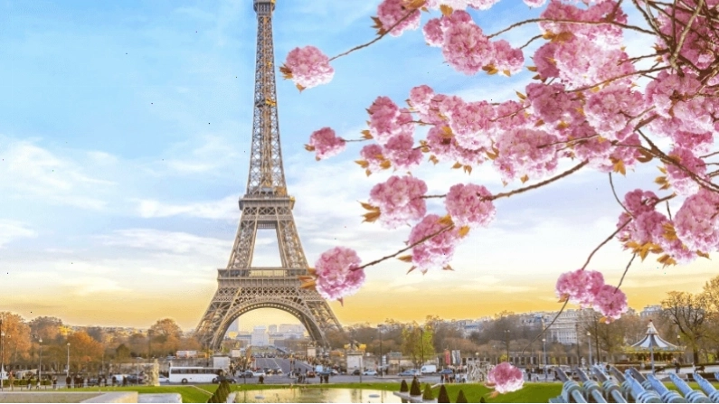 Hình ảnh tháp Eiffel mùa xuân với cây cối xanh tươi