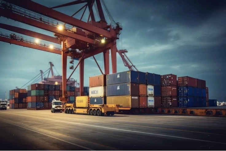 Hoạt động hậu cần và vận chuyển container tại cảng biển lúc mặt trời mọc