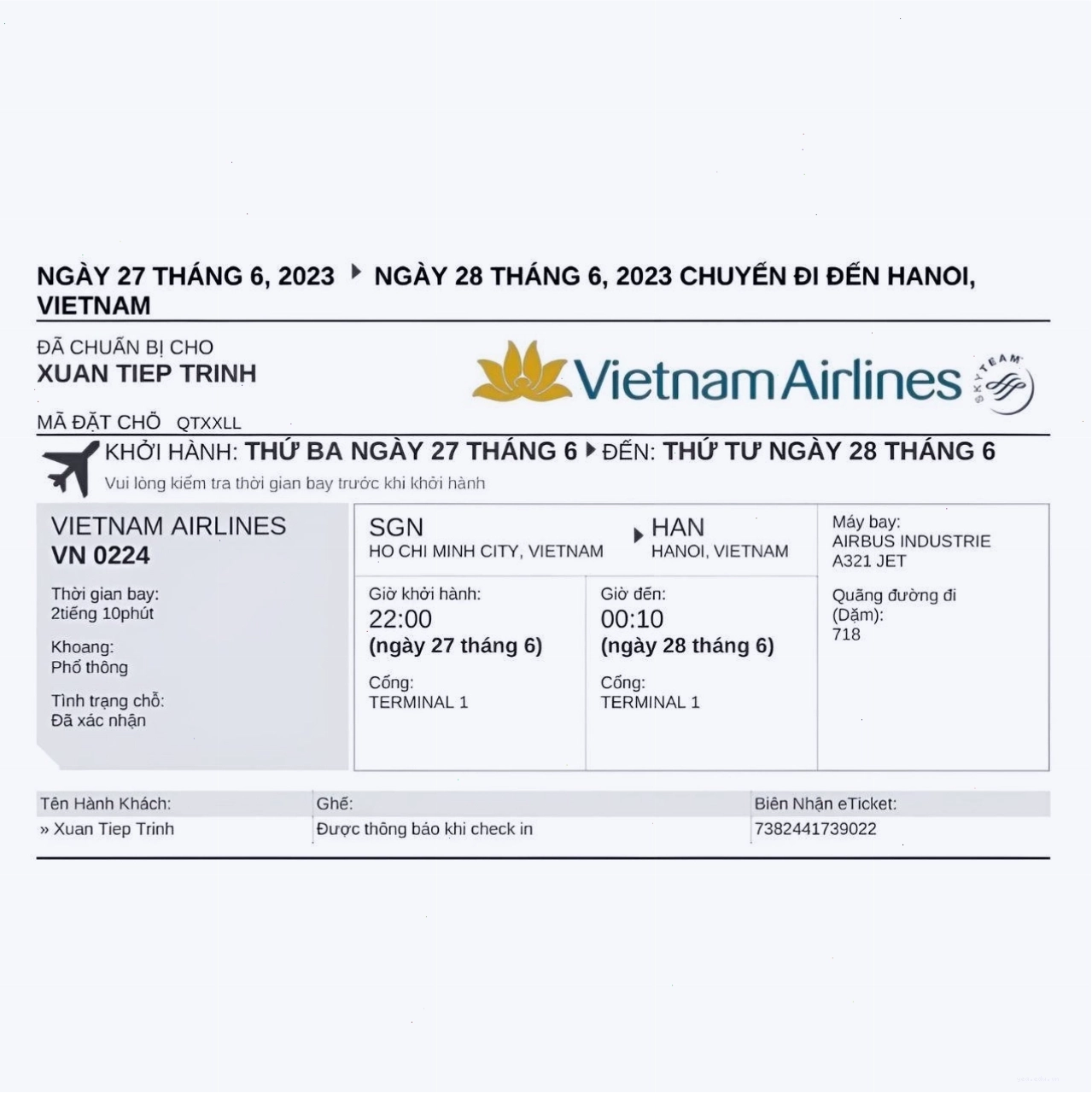 Kiểm tra mã đặt chỗ Vietnam Airlines qua tin nhắn SMS