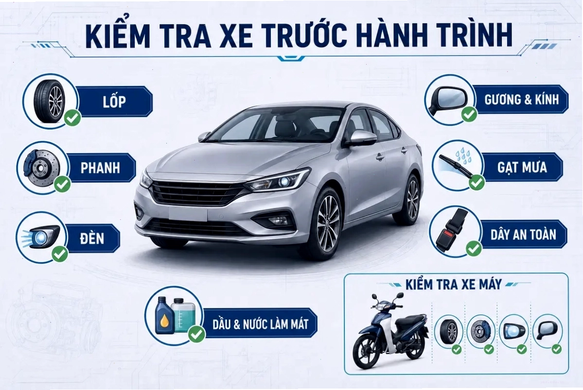 Kiểm tra phanh xe và lốp xe là một phần quan trọng của việc đảm bảo phương tiện an toàn