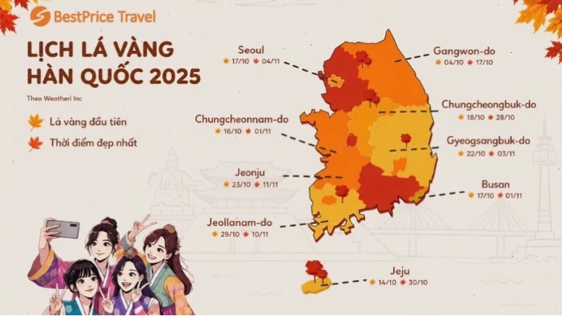 Lịch lá vàng, lá đỏ Hàn Quốc 2025 dự báo