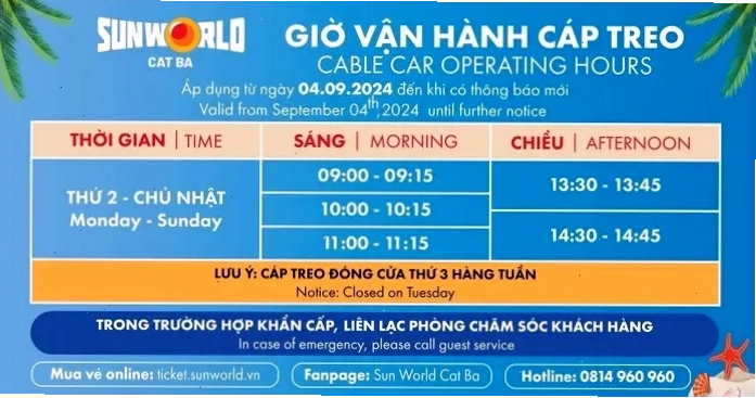 Lịch vận hành cáp treo Cát Bà mới nhất